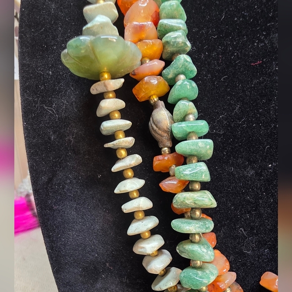 STONE Chunky Statement Necklace. Ocean Jasper, Carnelian Green Adventurine VTG - Picture 6 of 12